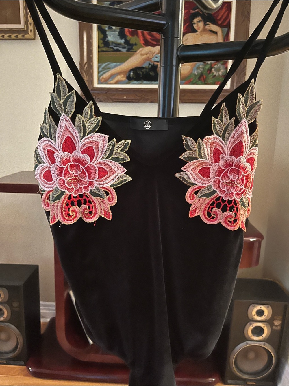 Black Velvet Bodysuit with Pink Floral Appliqué